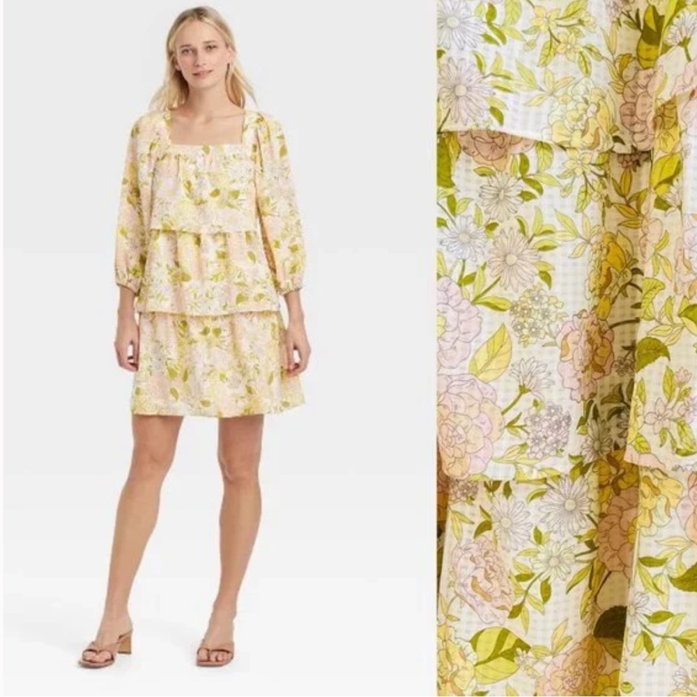 Who what Walmart floral midi ruffle mini dress size xs pink green yellow women